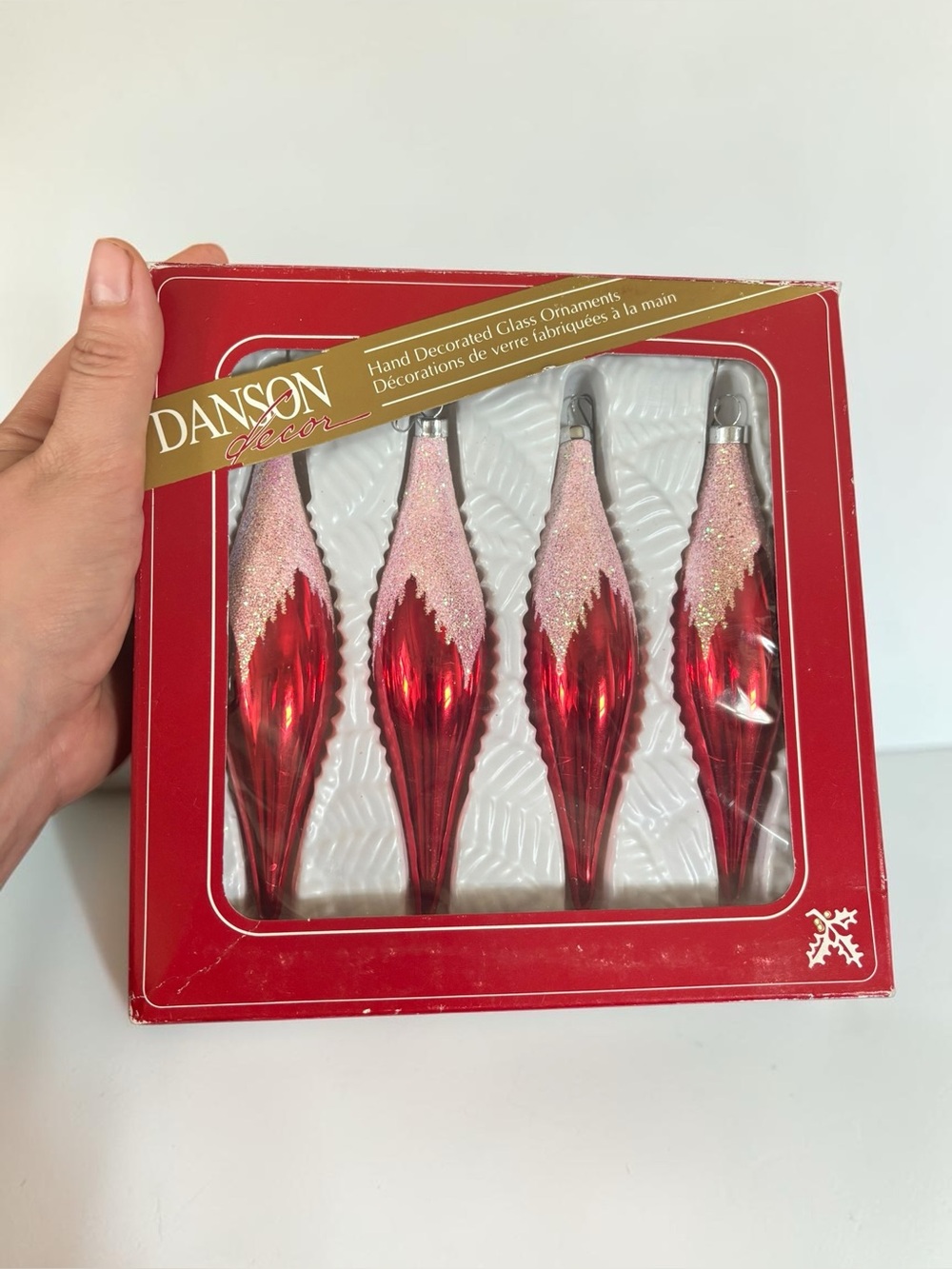 Vintage Danson Decor X1857 Glass Christmas Ornaments 6" Red Glitter Set of 4